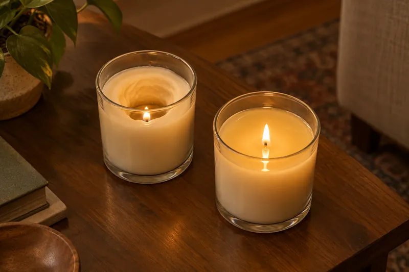 Two glass candles on a wooden table: the left one has burned a deep tunnel down the middle, the right one has an even pool of melted wax reaching the glass
