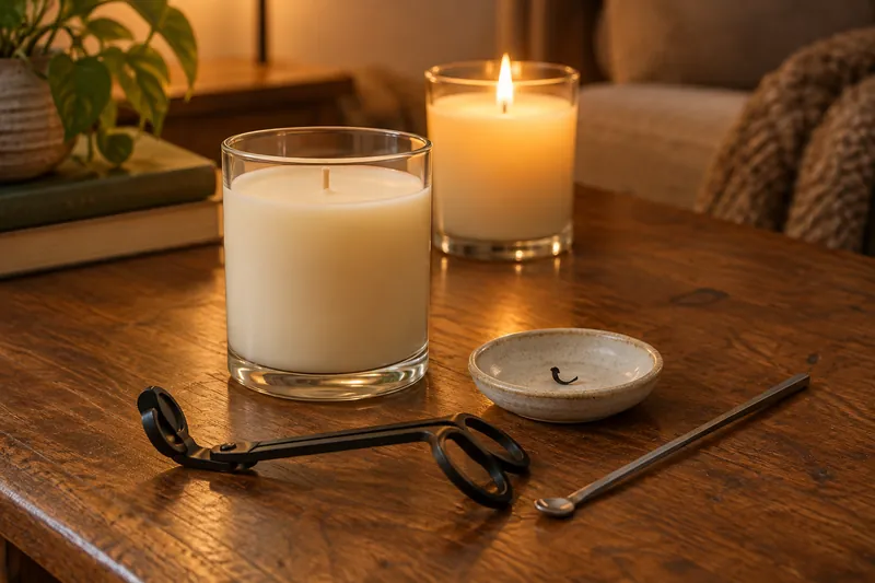 A wick trimmer resting beside an unlit candle with a short, freshly trimmed wick, on a wooden table in lamplight
