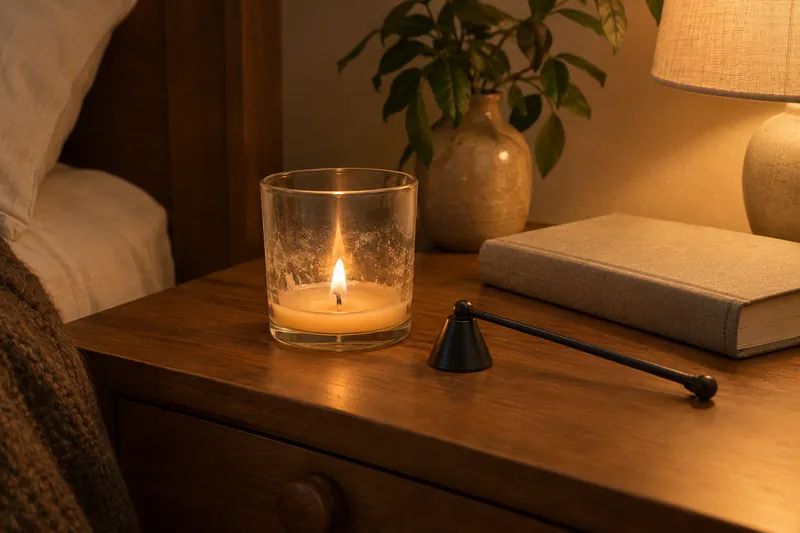 A candle burned down to its last inch in a glass jar, beside a small matte black snuffer, a book and a lamp on a bedside table at night