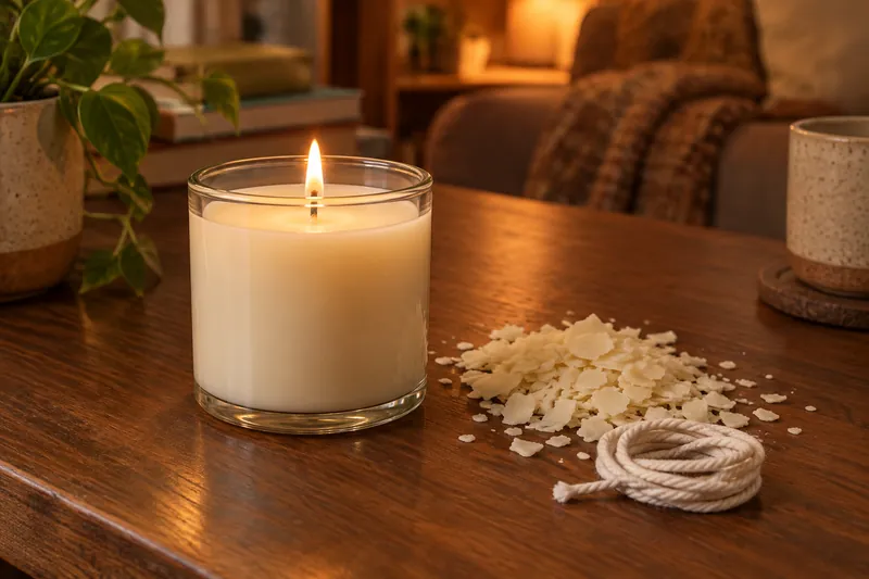 A candle burning in a plain glass jar on a walnut table, with loose wax flakes and a coil of cotton wick beside it