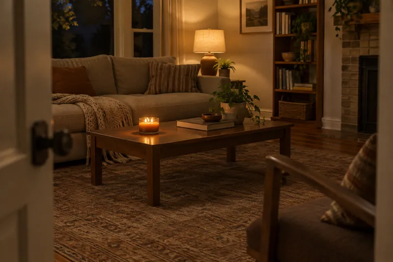 A single candle glowing on a low table at the far end of a lamplit living room, seen from a doorway