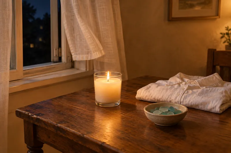 A white candle burning on a wooden table by an open window at night, folded linen and a dish of sea glass beside it