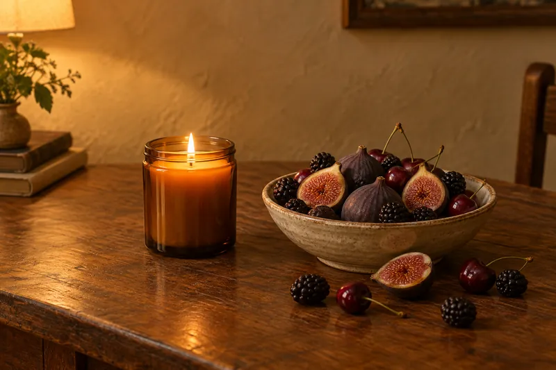 An amber candle glowing beside a bowl of ripe figs, cherries and blackberries