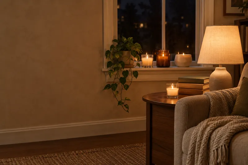 A living room at night: candles glowing on the windowsill and a side table, a lamp lit beside an armchair with a knit throw